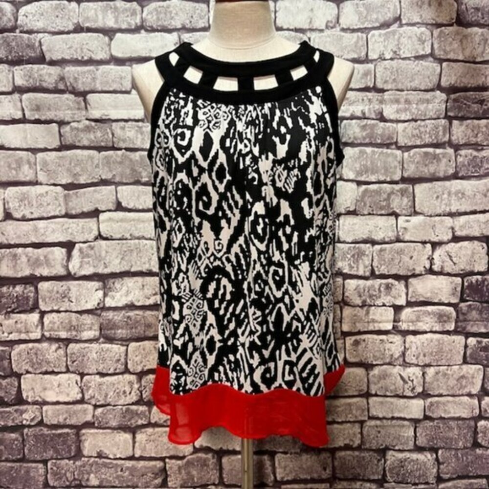 Perseption Concepts Black, White & Red Blouse Size L